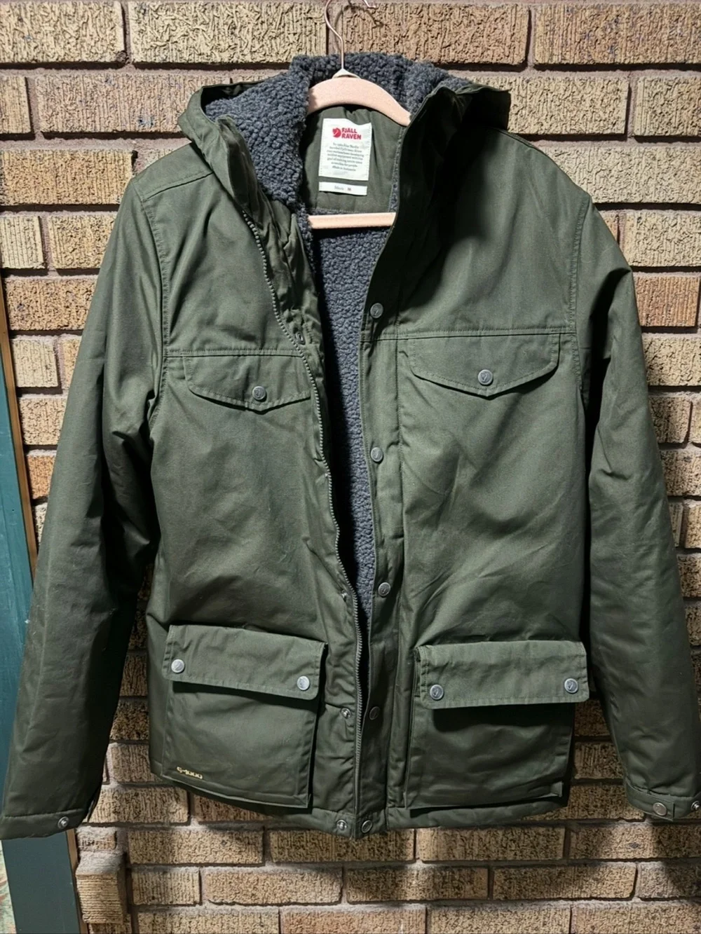Fjallraven Dark Olive Hooded Field Jacket with Sherpa Lining